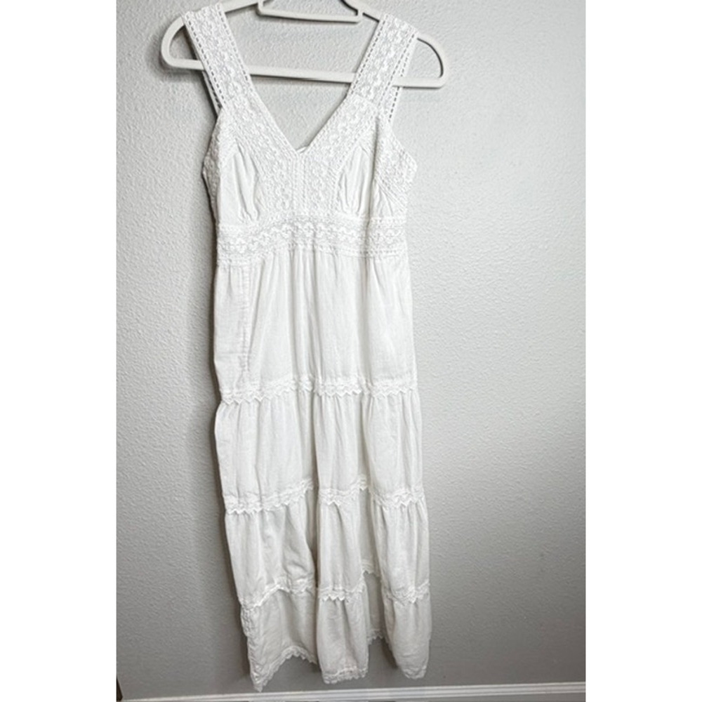 R.K. Garments White Cotton Crochet Lace Tiered Boho Prairie Maxi Dress OS - Picture 8 of 15